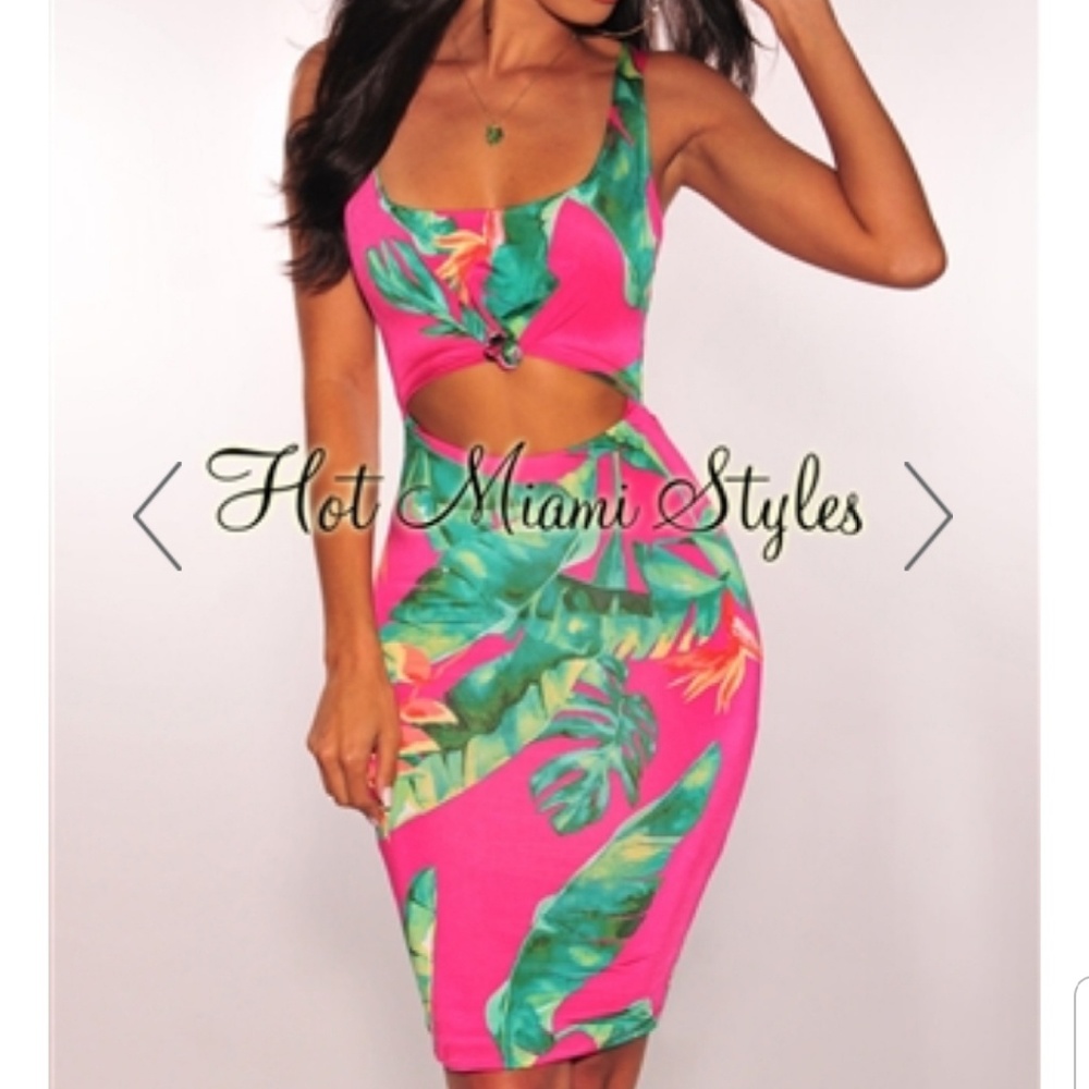 Fuchsia Green Palm Print Knotted Cut Out Dress